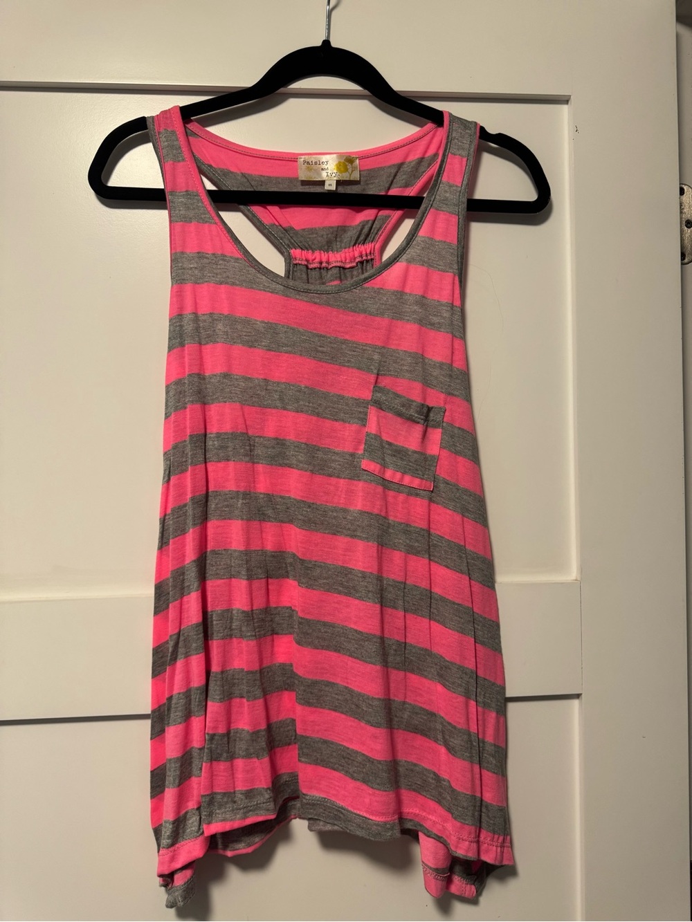 Women's Pink & Gray Striped Pocket Tank Top